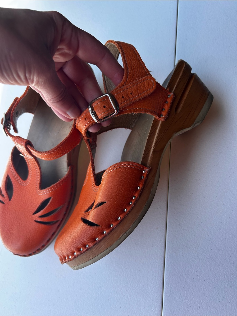 Women's Orange Leather Clog Sandals with Buckle Strap